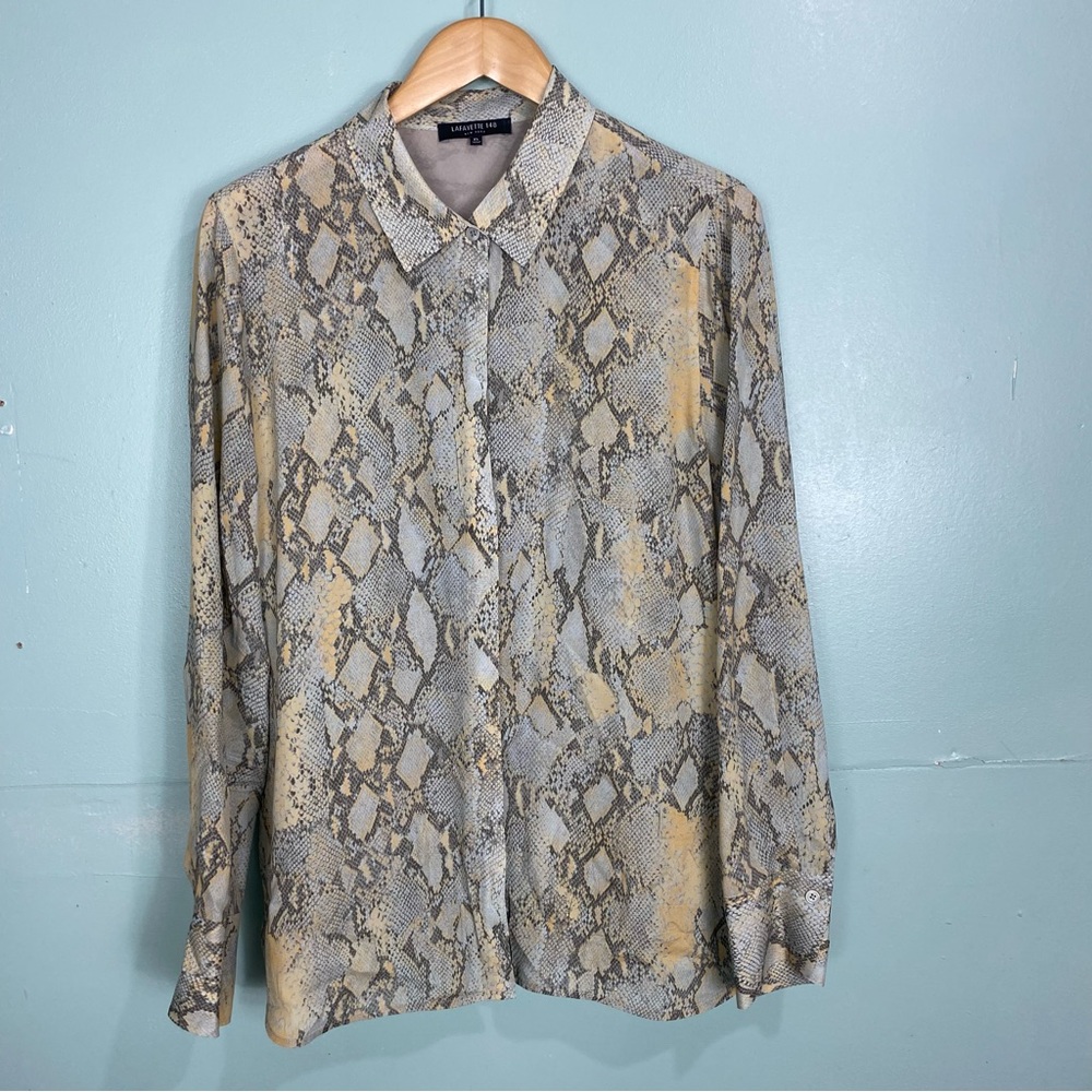 Lafayette 148 Silk Snake Camo Print Button Down Shirt XL Icy Blue & Beige